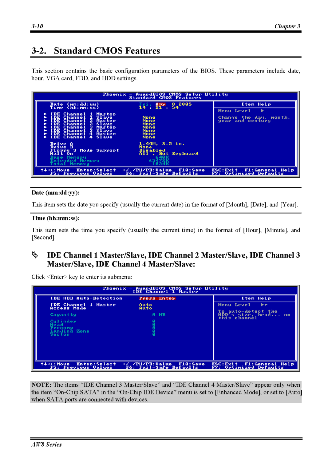 Abit AW8 user manual Standard Cmos Features, Date mmddyy, Time hhmmss 