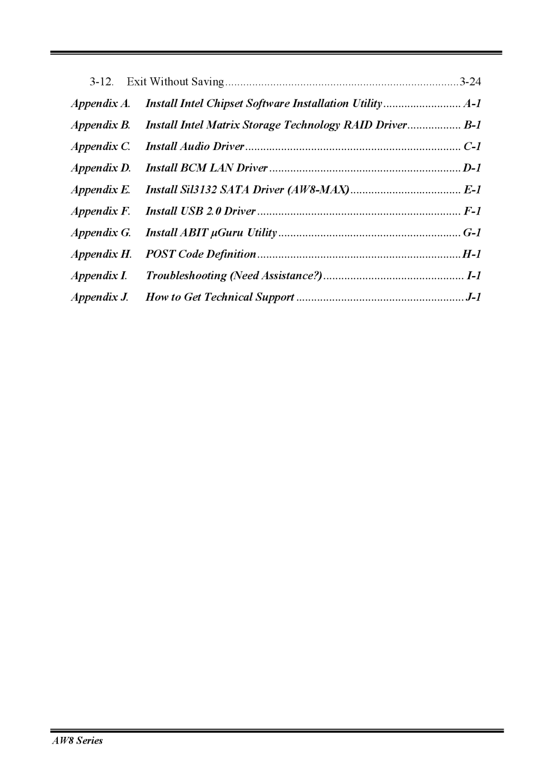 Abit AW8 user manual Exit Without Saving Appendix a 