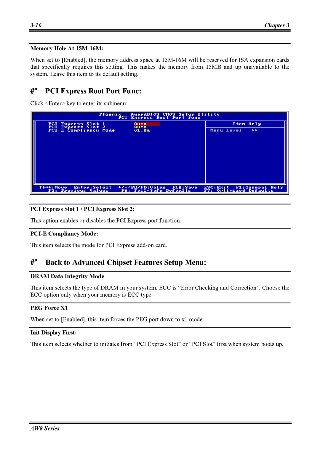 Abit AW8 user manual # PCI Express Root Port Func, # Back to Advanced Chipset Features Setup Menu 