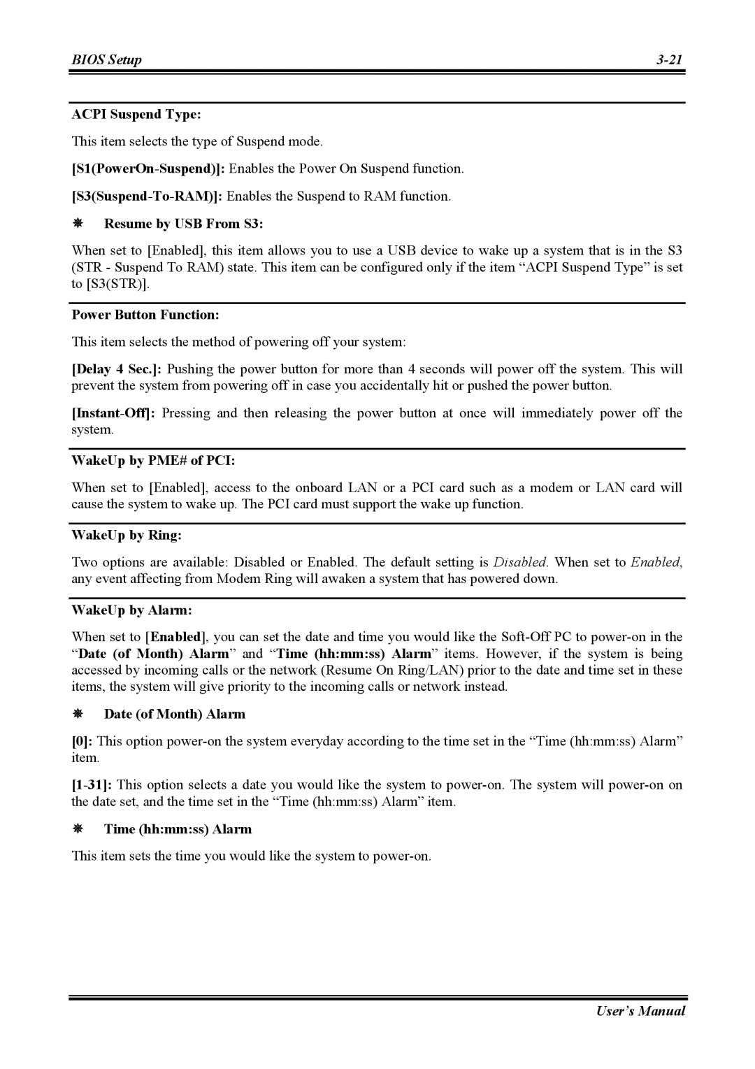 Abit AW8 user manual Acpi Suspend Type, Resume by USB From S3, Power Button Function, WakeUp by PME# of PCI, WakeUp by Ring 