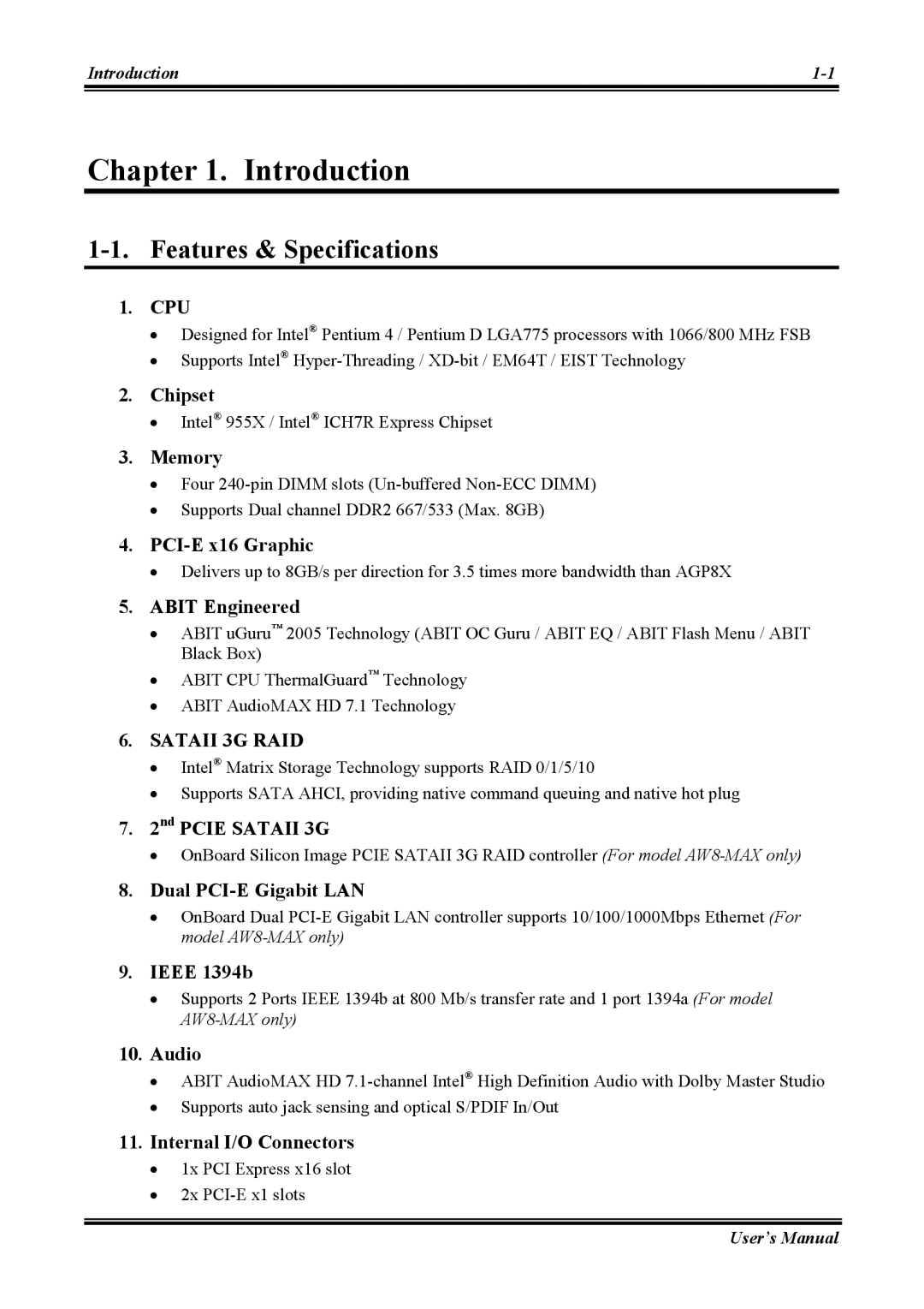 Abit AW8 user manual Introduction, Features & Specifications 