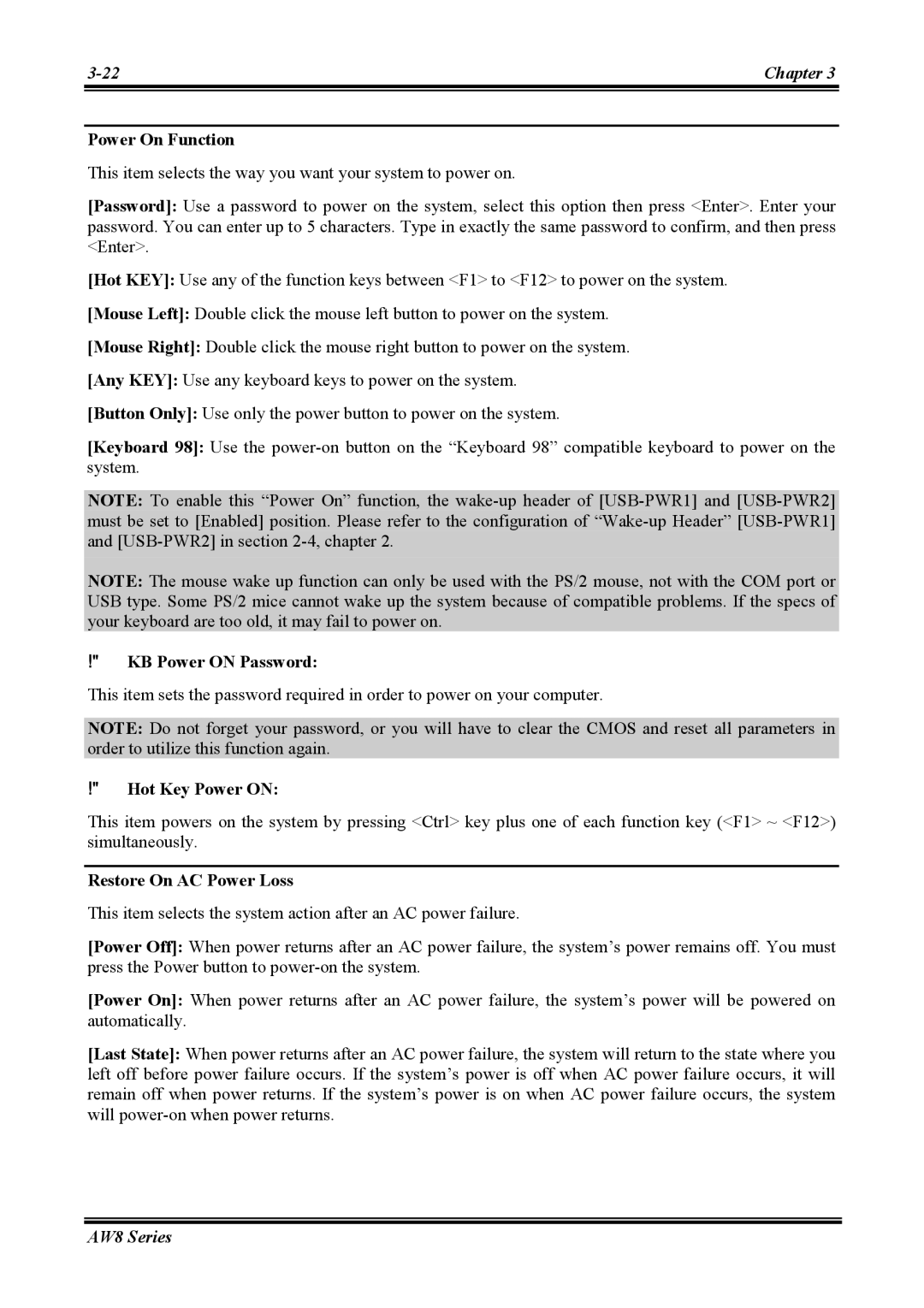 Abit AW8 user manual Power On Function, KB Power on Password, Hot Key Power on, Restore On AC Power Loss 