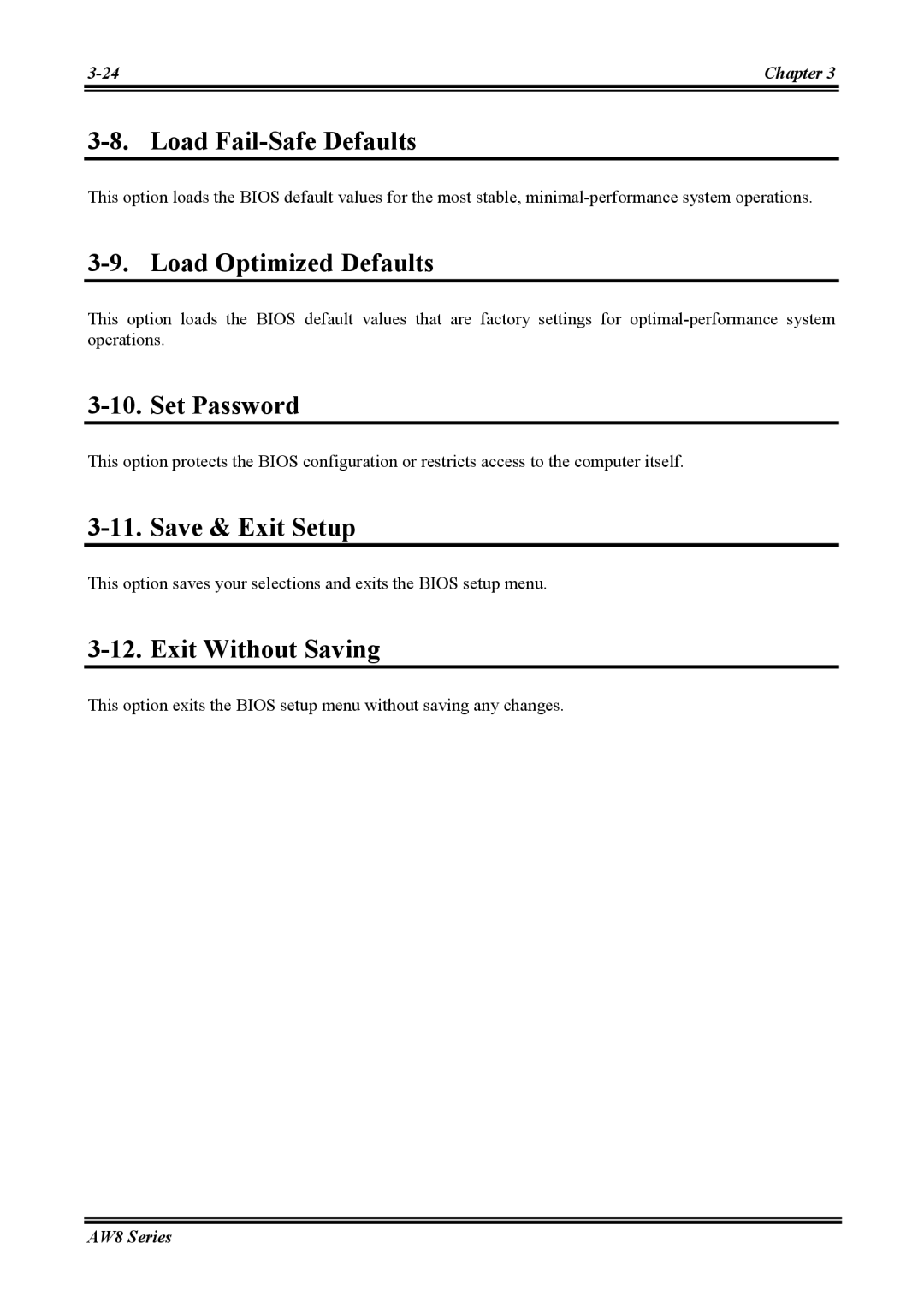 Abit AW8 user manual Load Fail-Safe Defaults, Load Optimized Defaults, Set Password, Save & Exit Setup, Exit Without Saving 