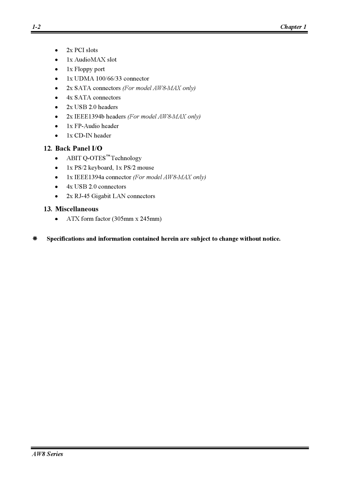 Abit AW8 user manual Back Panel I/O 