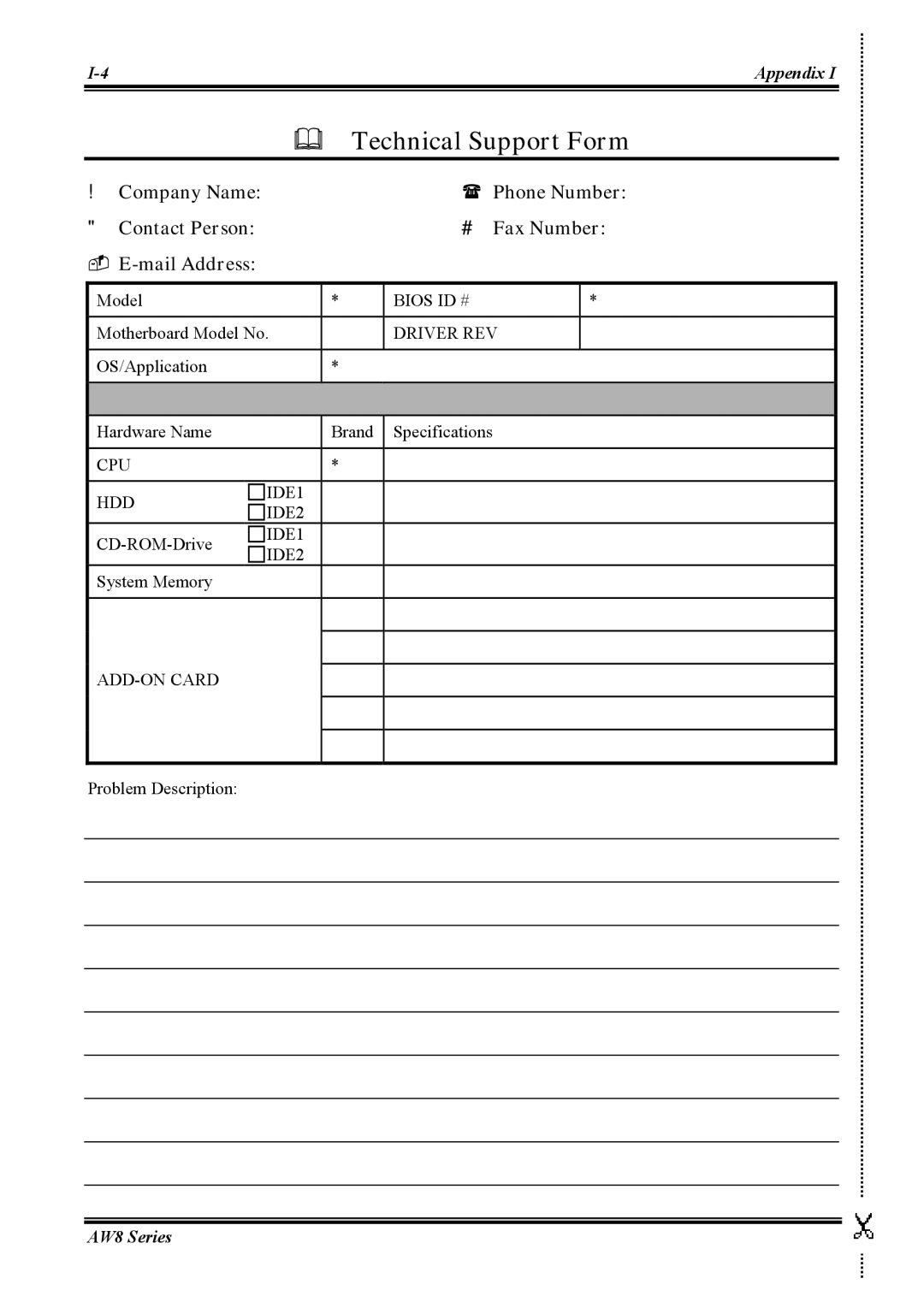 Abit AW8 user manual ∋ Technical Support Form, Contact Person # Fax Number Mail Address 