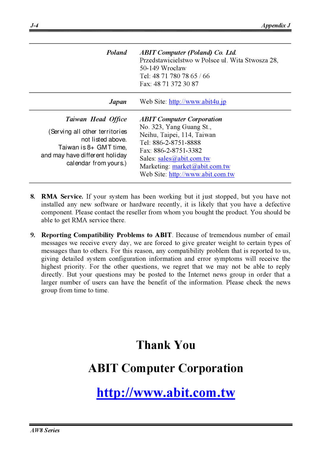 Abit AW8 user manual Thank You Abit Computer Corporation 