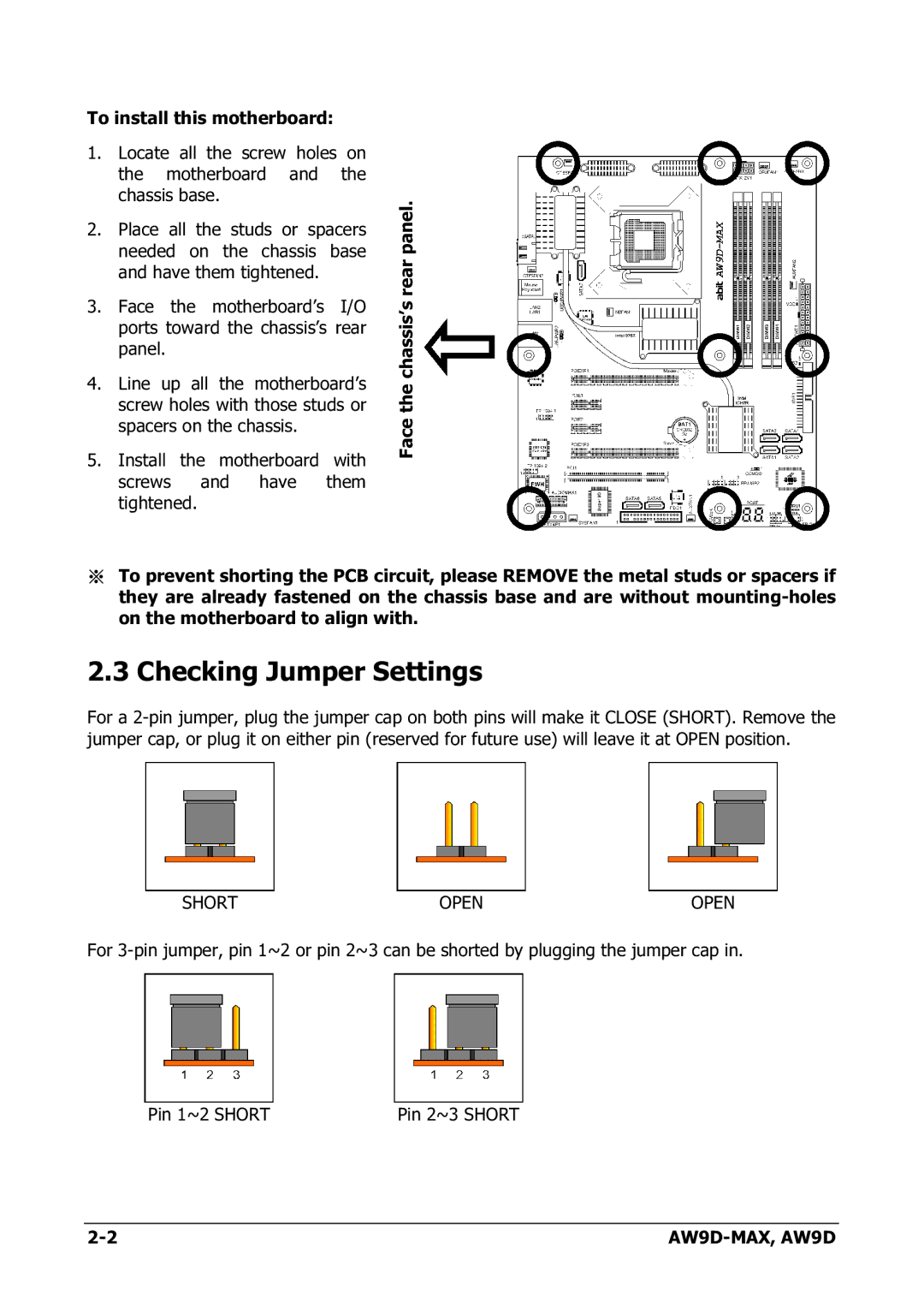 Abit AW9D-MAX manual Checking Jumper Settings, Short Open 