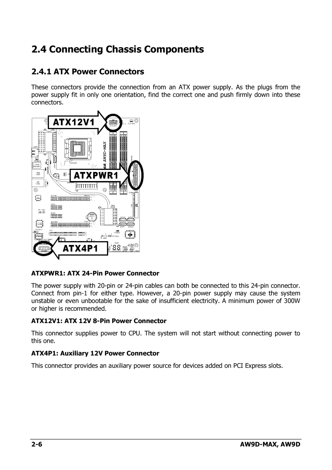 Abit AW9D-MAX manual Connecting Chassis Components, ATX Power Connectors 