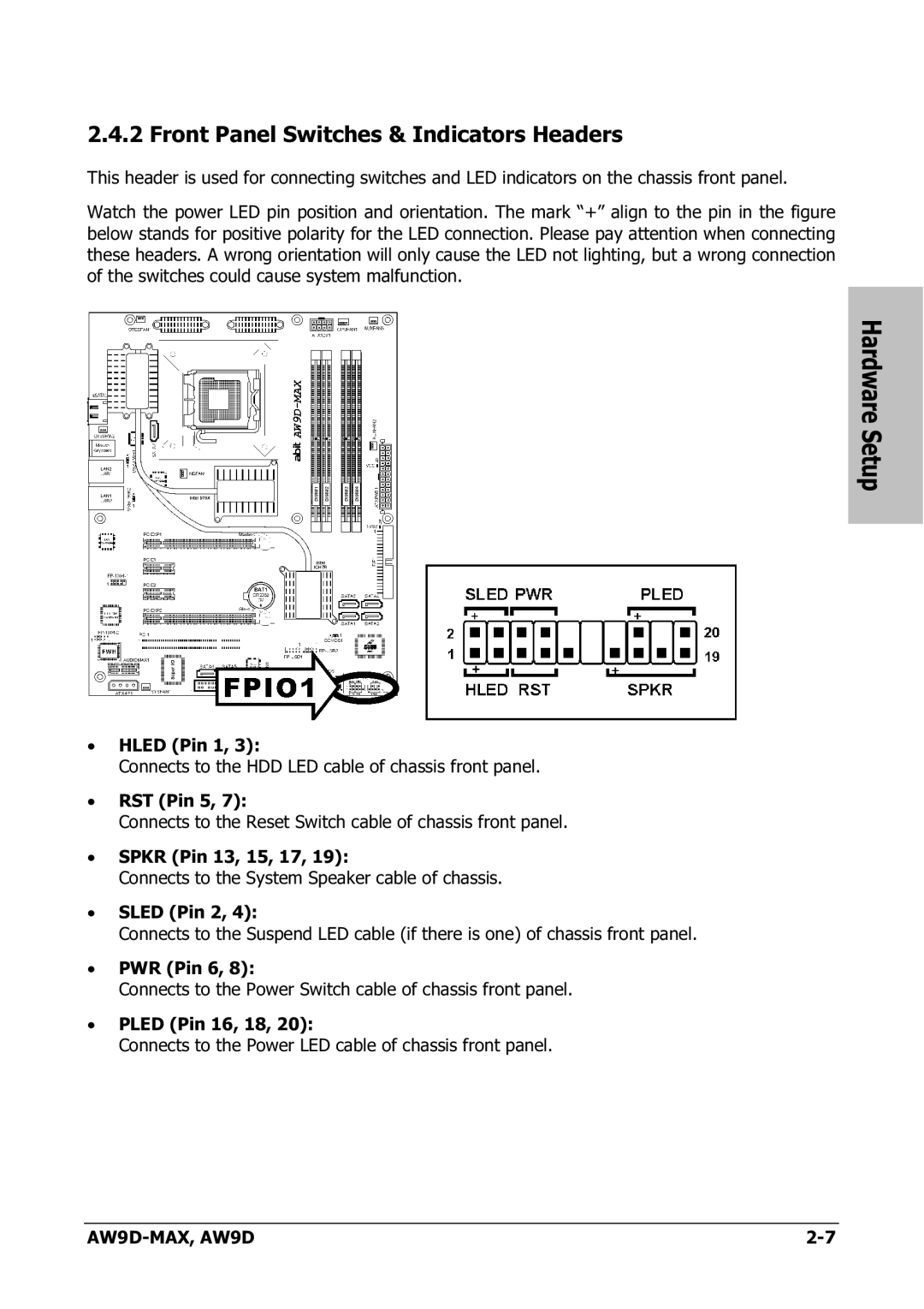 Abit AW9D-MAX manual Front Panel Switches & Indicators Headers 