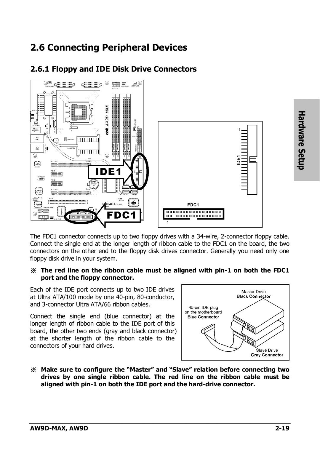 Abit AW9D-MAX manual Connecting Peripheral Devices, Floppy and IDE Disk Drive Connectors Hardware Setup 