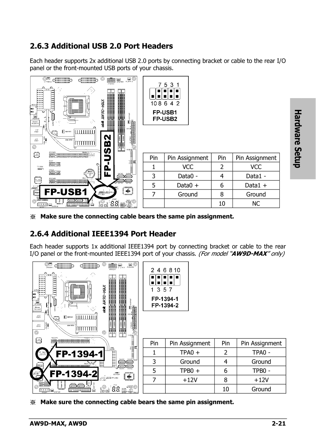 Abit AW9D-MAX manual Additional USB 2.0 Port Headers, Hardware, Additional IEEE1394 Port Header 