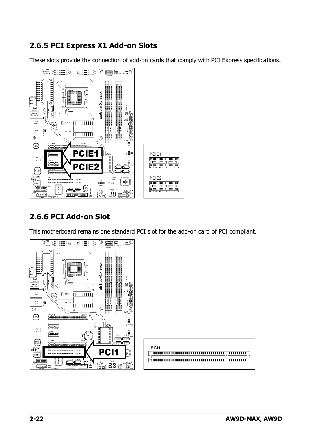 Abit AW9D-MAX manual PCI Express X1 Add-on Slots, PCI Add-on Slot 