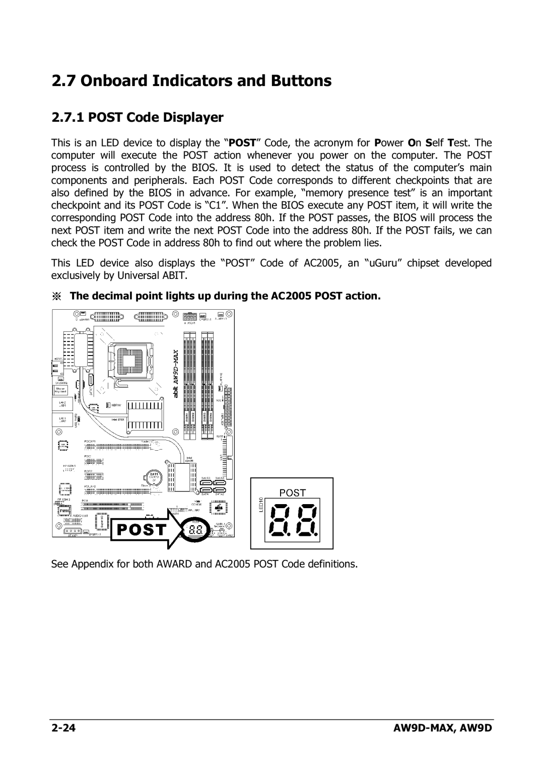 Abit AW9D-MAX manual Onboard Indicators and Buttons, Post Code Displayer 