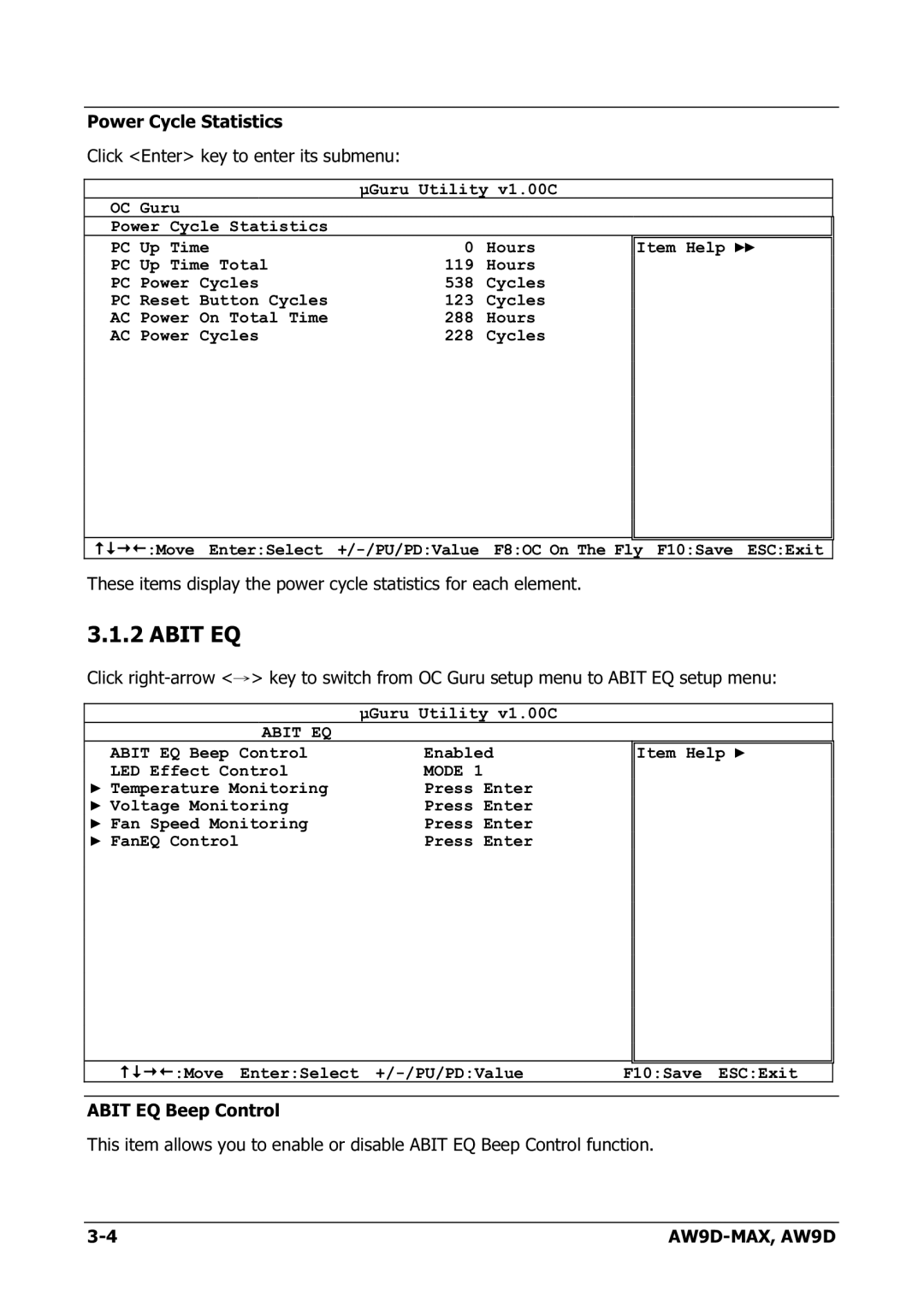 Abit AW9D-MAX manual Abit EQ, Power Cycle Statistics Click Enter key to enter its submenu 