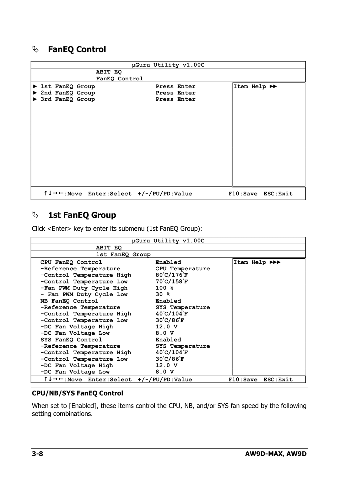 Abit AW9D-MAX manual FanEQ Control, 1st FanEQ Group 