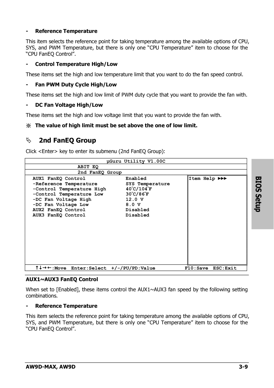 Abit AW9D-MAX manual Click Enter key to enter its submenu 2nd FanEQ Group 