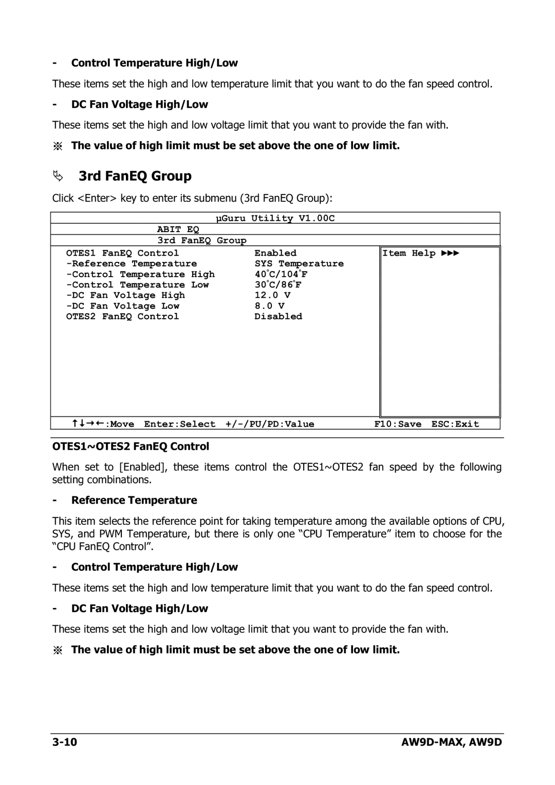 Abit AW9D-MAX manual Click Enter key to enter its submenu 3rd FanEQ Group 