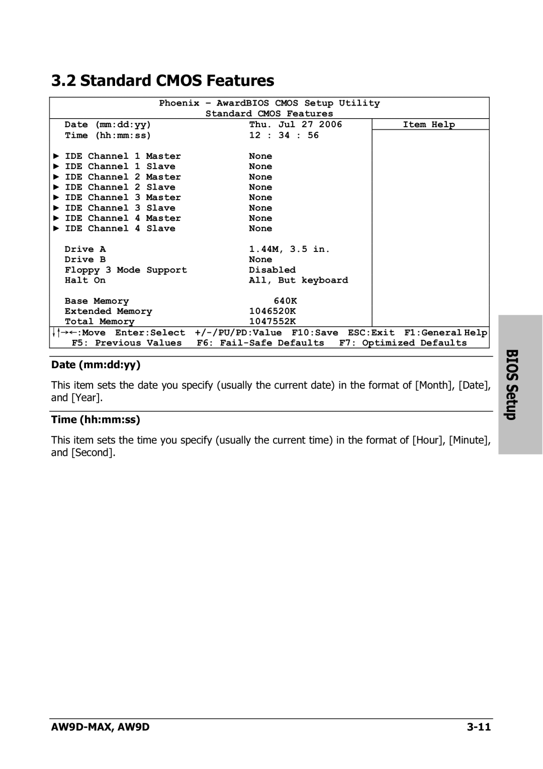 Abit AW9D-MAX manual Standard Cmos Features 