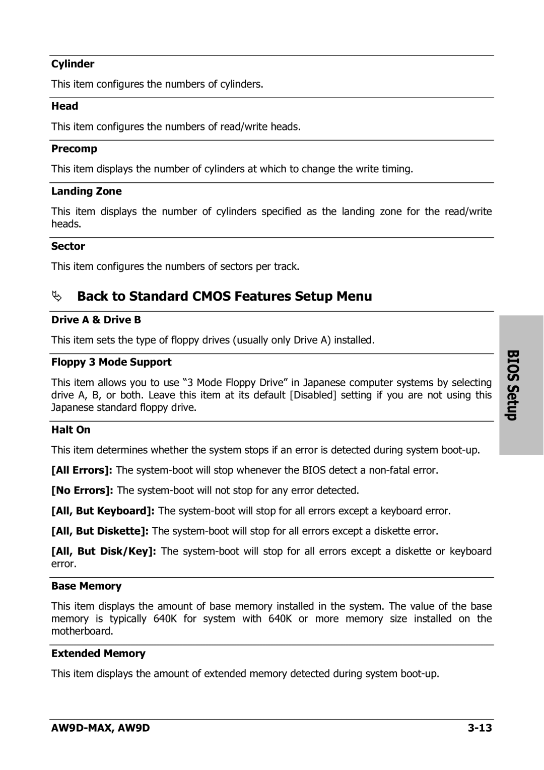 Abit AW9D-MAX manual Back to Standard Cmos Features Setup Menu 