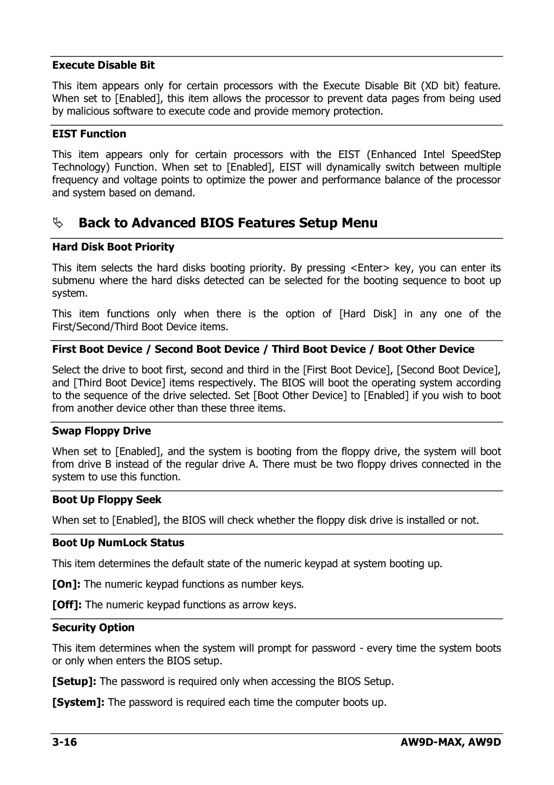 Abit AW9D-MAX manual Back to Advanced Bios Features Setup Menu 