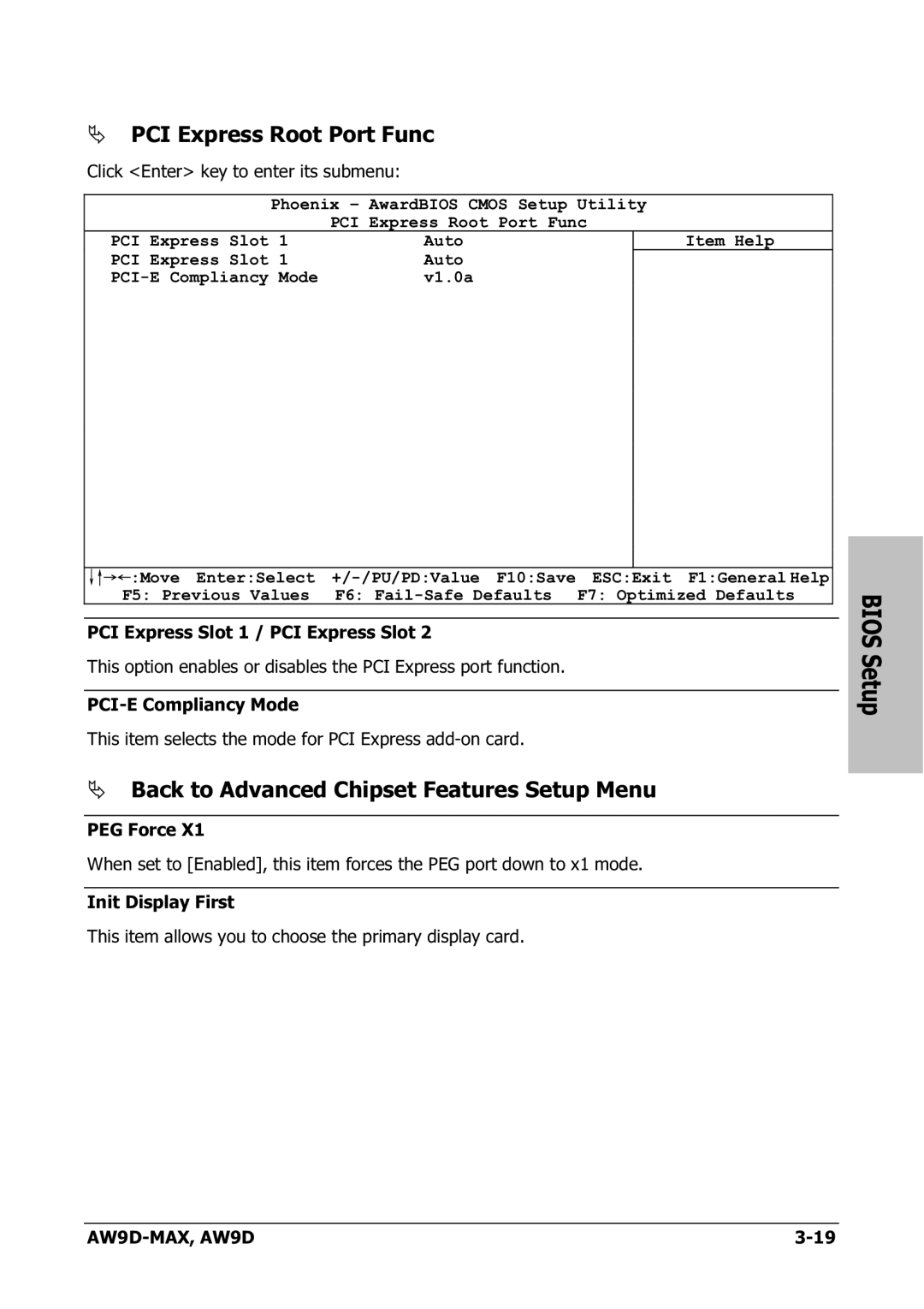 Abit AW9D-MAX manual PCI Express Root Port Func, Back to Advanced Chipset Features Setup Menu 