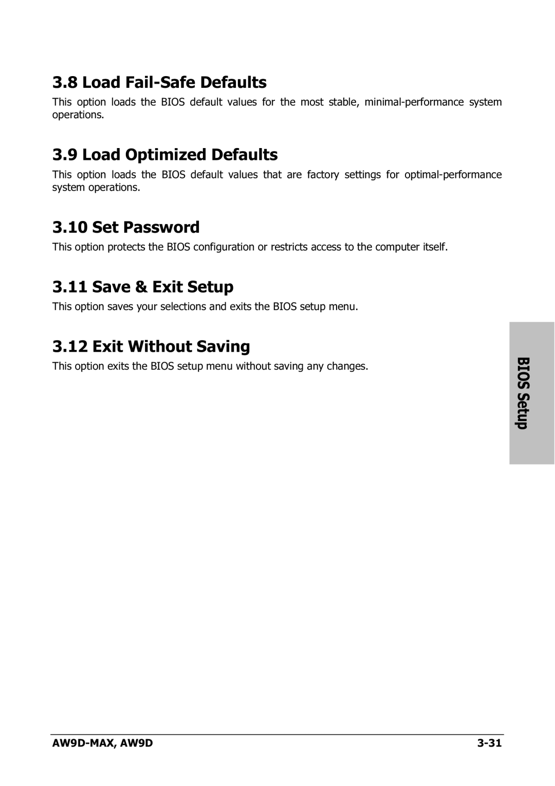 Abit AW9D-MAX Load Fail-Safe Defaults, Load Optimized Defaults, Set Password, Save & Exit Setup, Exit Without Saving 