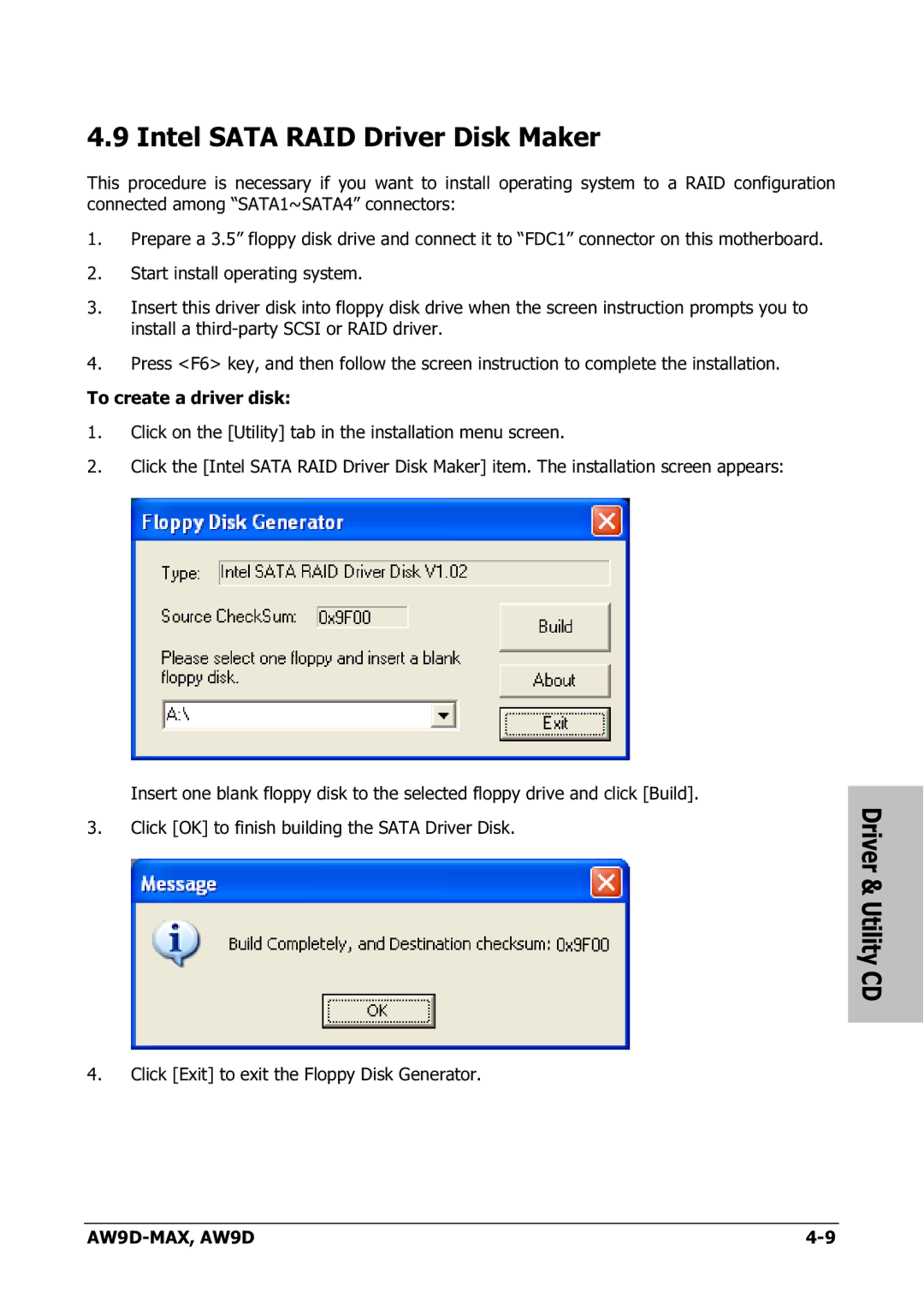 Abit AW9D-MAX manual Intel Sata RAID Driver Disk Maker, Utility CD 