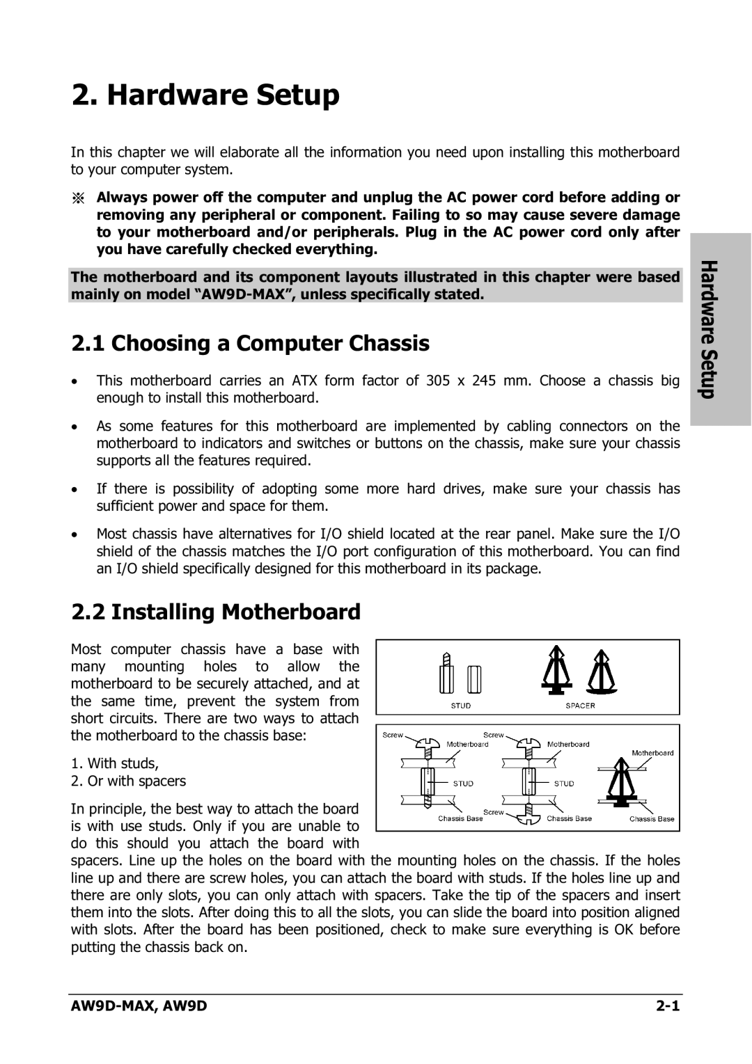 Abit AW9D-MAX manual Choosing a Computer Chassis, Installing Motherboard 