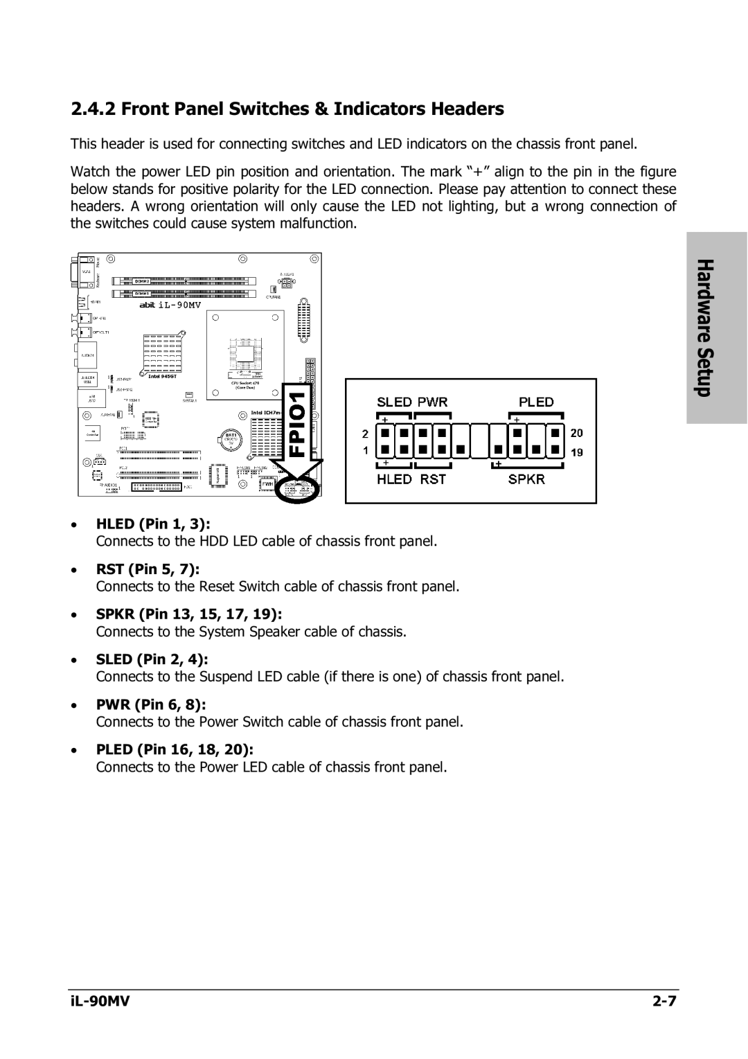 Abit IL-90MV manual Front Panel Switches & Indicators Headers 