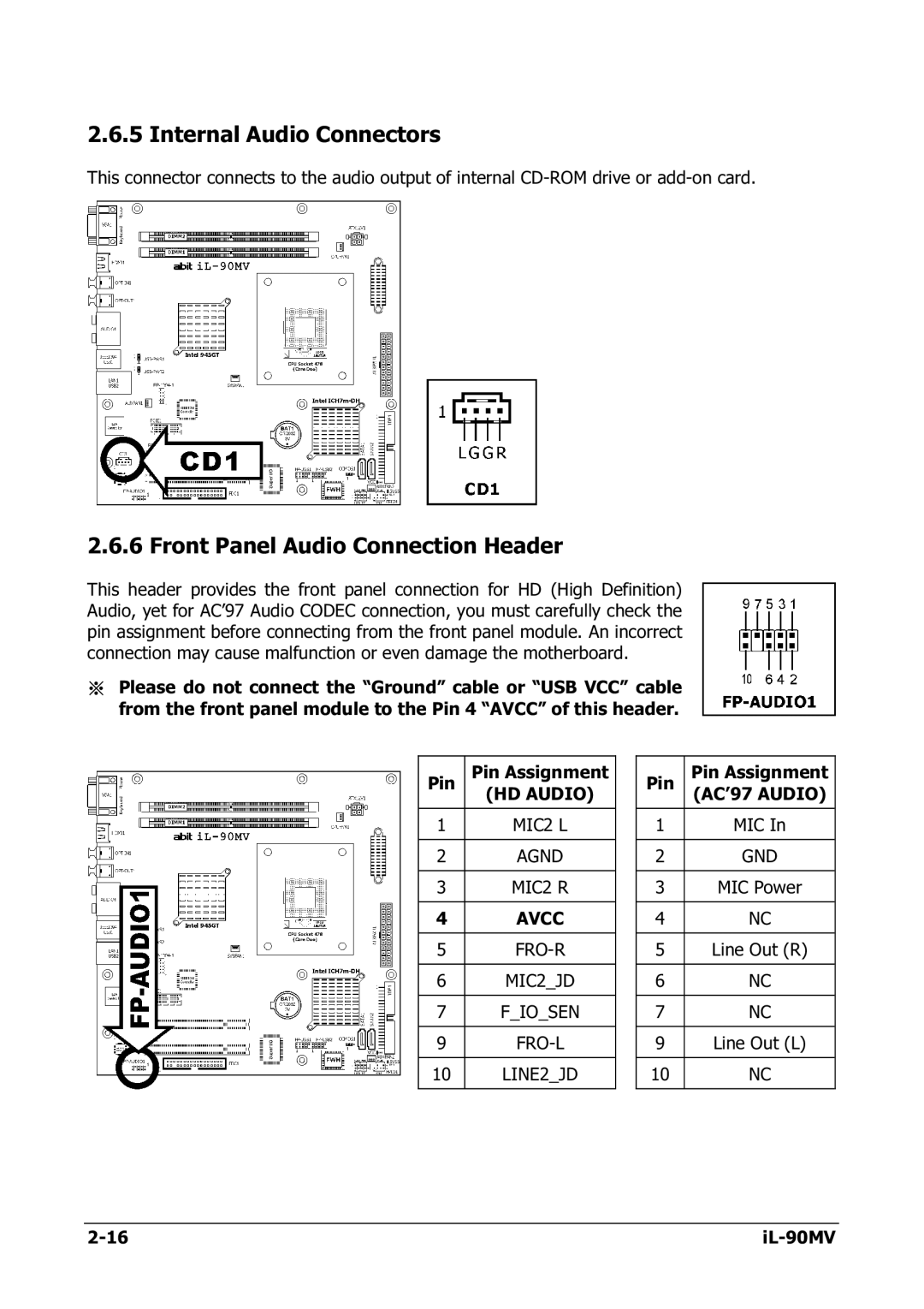 Abit IL-90MV manual Internal Audio Connectors, Front Panel Audio Connection Header 