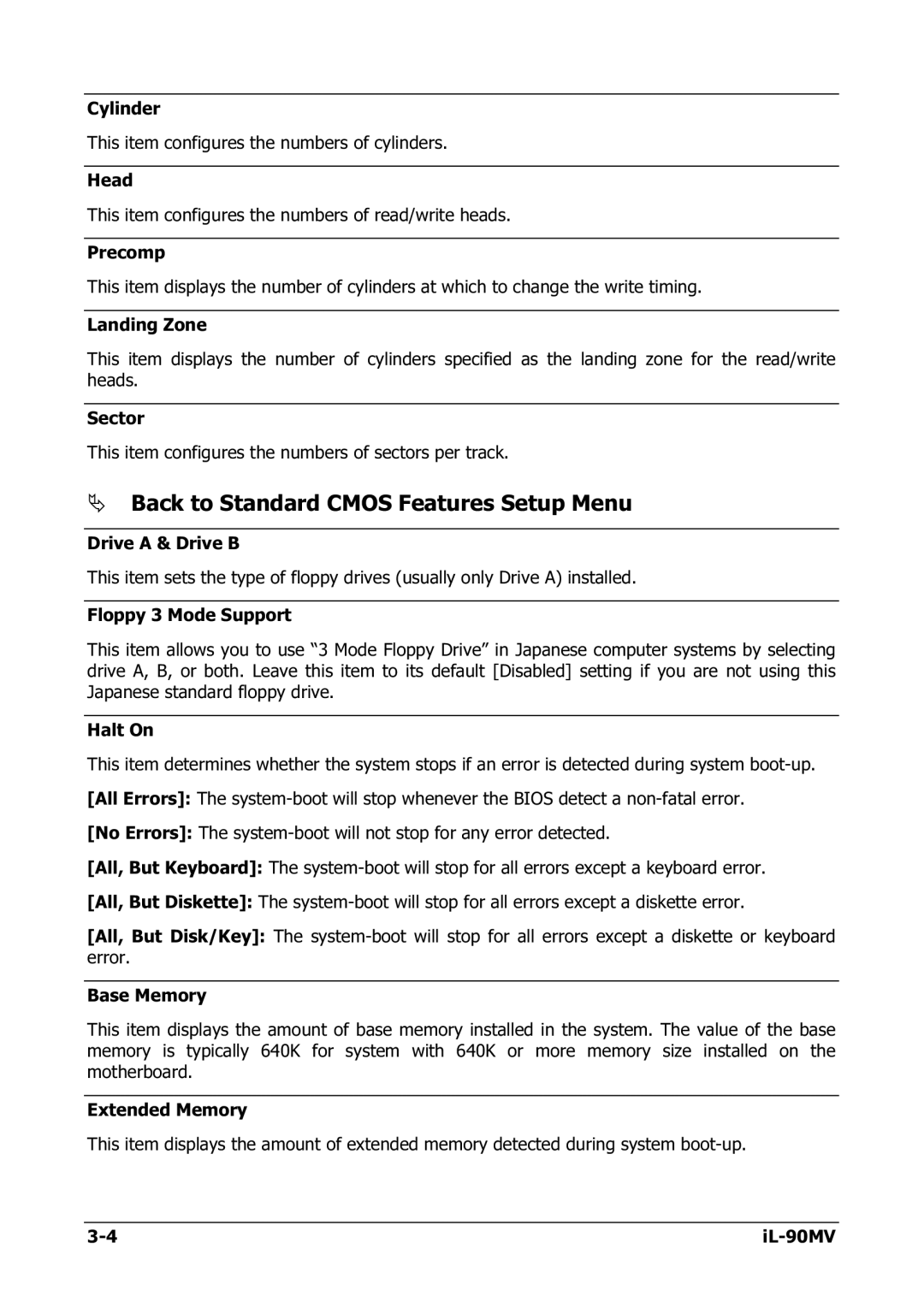 Abit IL-90MV manual Back to Standard Cmos Features Setup Menu 