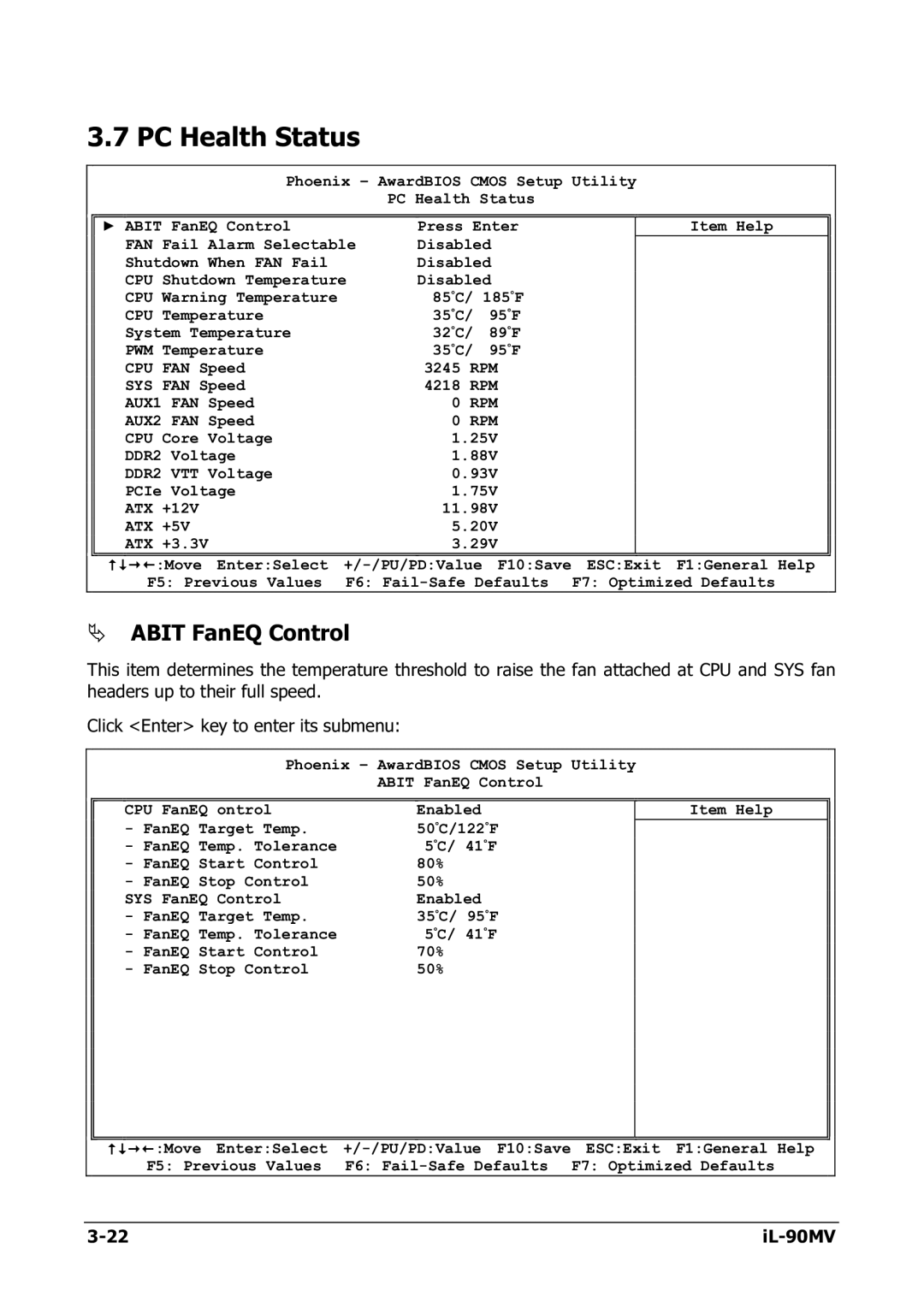 Abit IL-90MV manual PC Health Status, Abit FanEQ Control 