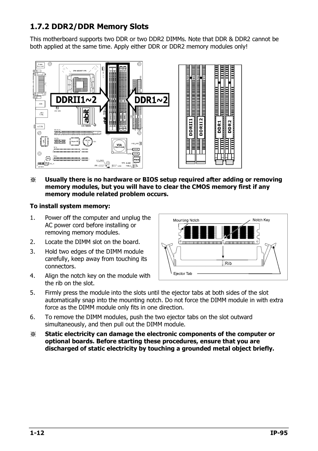 Abit IP-95 manual 2 DDR2/DDR Memory Slots 