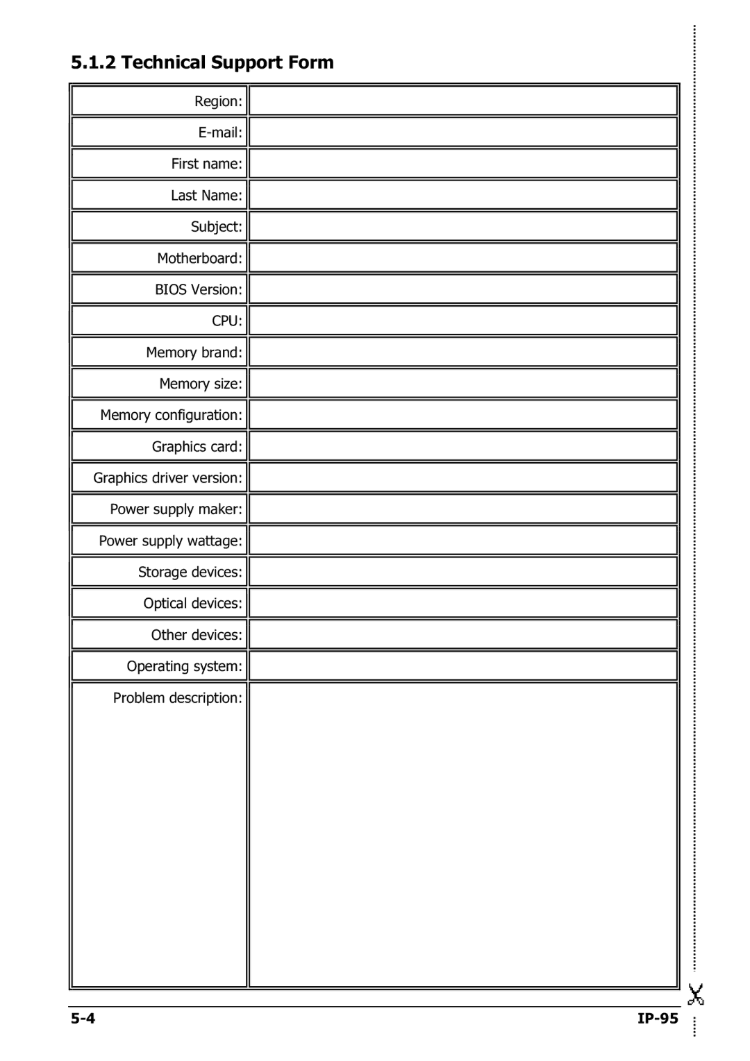 Abit IP-95 manual Technical Support Form 