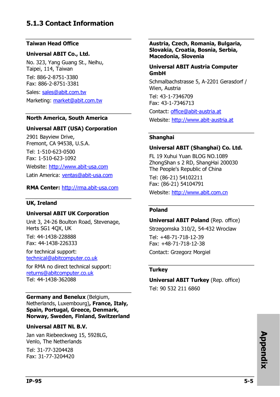 Abit IP-95 manual Contact Information, Sales sales@abit.com.tw Marketing market@abit.com.tw 