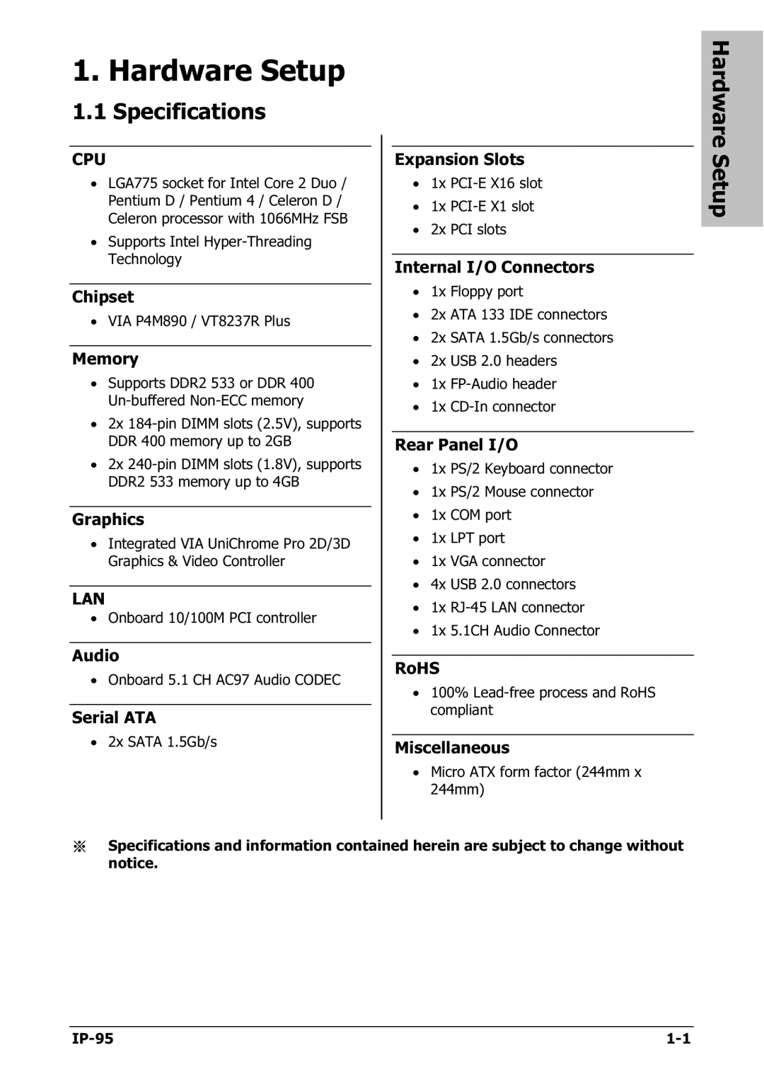 Abit IP-95 manual Specifications, Hardware Setup 