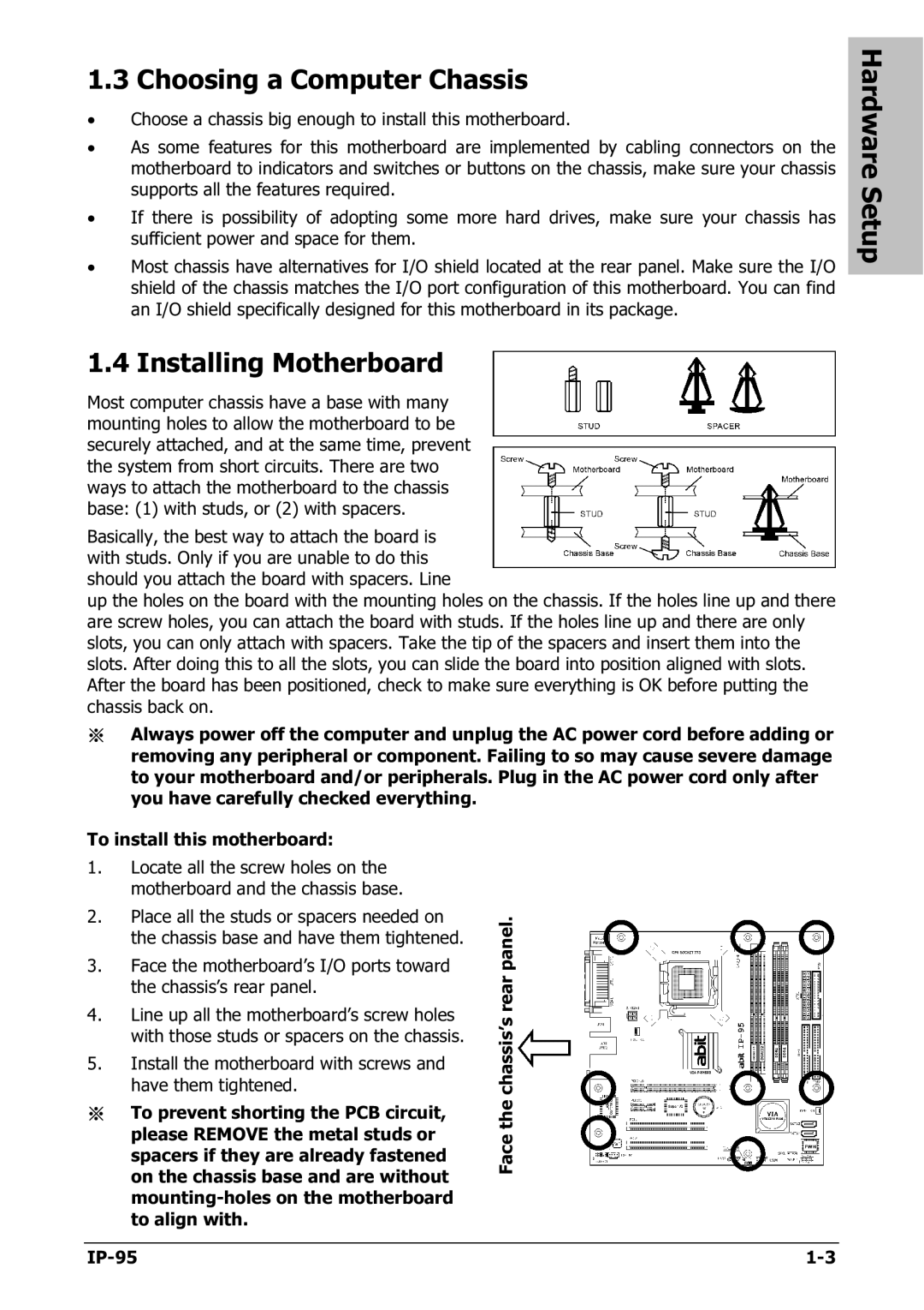 Abit IP-95 manual Choosing a Computer Chassis, Installing Motherboard 