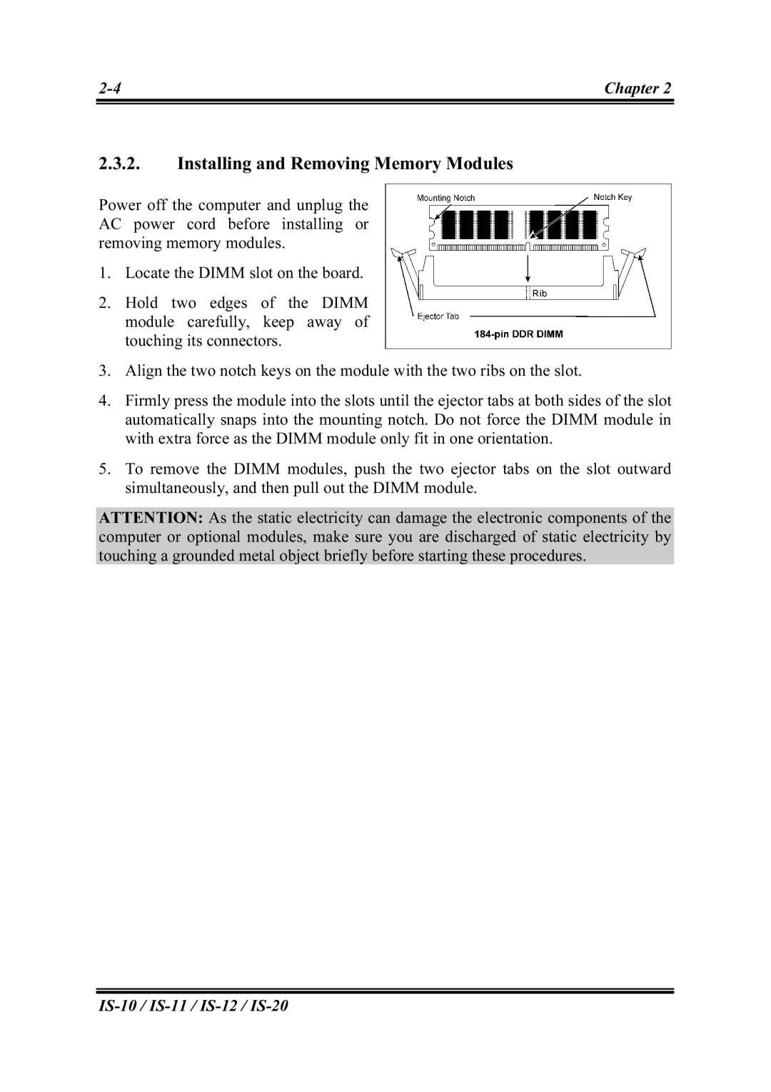 Abit IS-12, IS-20, IS-10, IS-11 user manual Installing and Removing Memory Modules 