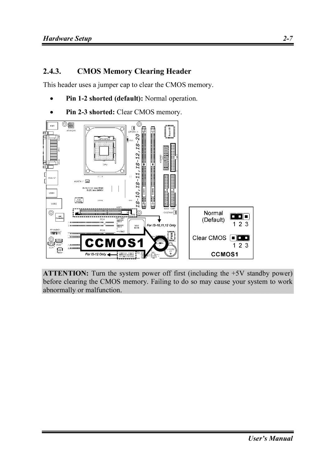 Abit IS-11, IS-12, IS-20, IS-10 user manual Cmos Memory Clearing Header 