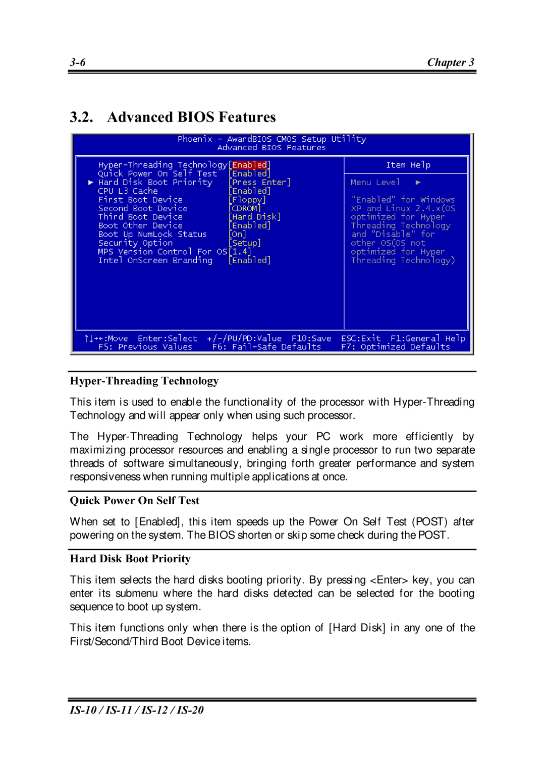 Abit IS-12, IS-20, IS-10, IS-11 user manual Advanced Bios Features, Hyper-Threading Technology 