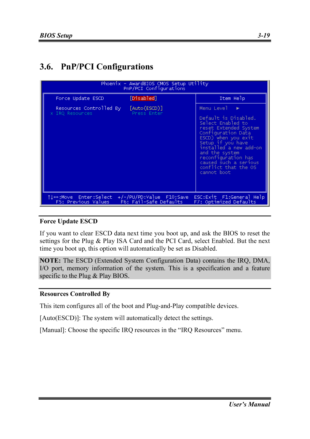 Abit IS-20, IS-12, IS-10, IS-11 user manual PnP/PCI Configurations, Force Update Escd 