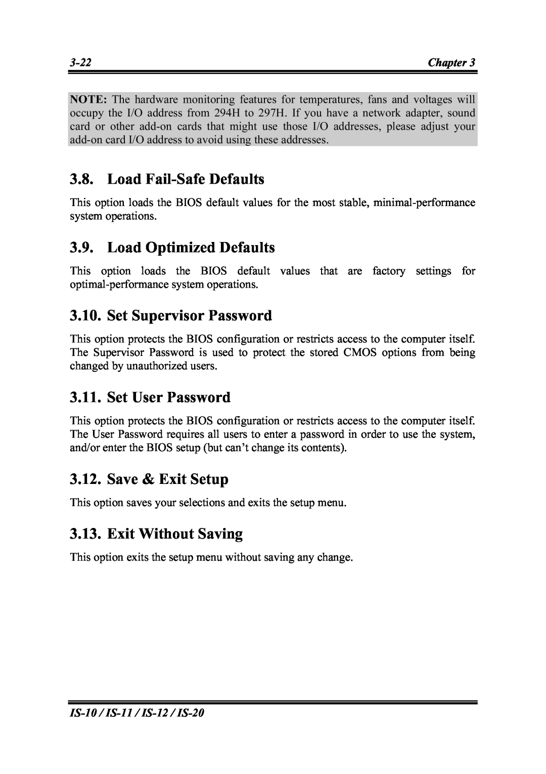 Abit IS-12 Load Fail-Safe Defaults, Load Optimized Defaults, Set Supervisor Password, Set User Password, Save & Exit Setup 