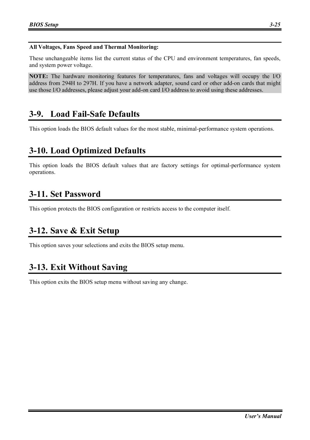 Abit IS7-E, IS7-M Load Fail-Safe Defaults, Load Optimized Defaults, Set Password, Save & Exit Setup, Exit Without Saving 