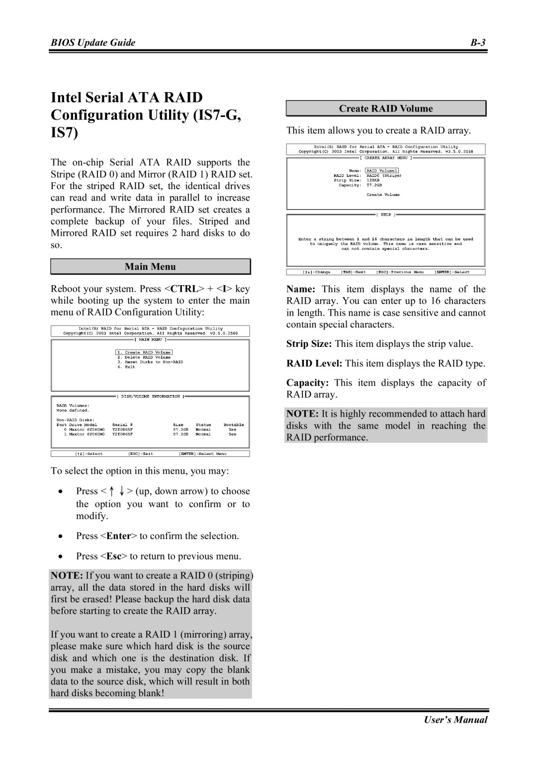 Abit IS7-V2, IS7-M, IS7-E2V, IS7-E2G user manual Intel Serial ATA RAID Configuration Utility IS7-G 