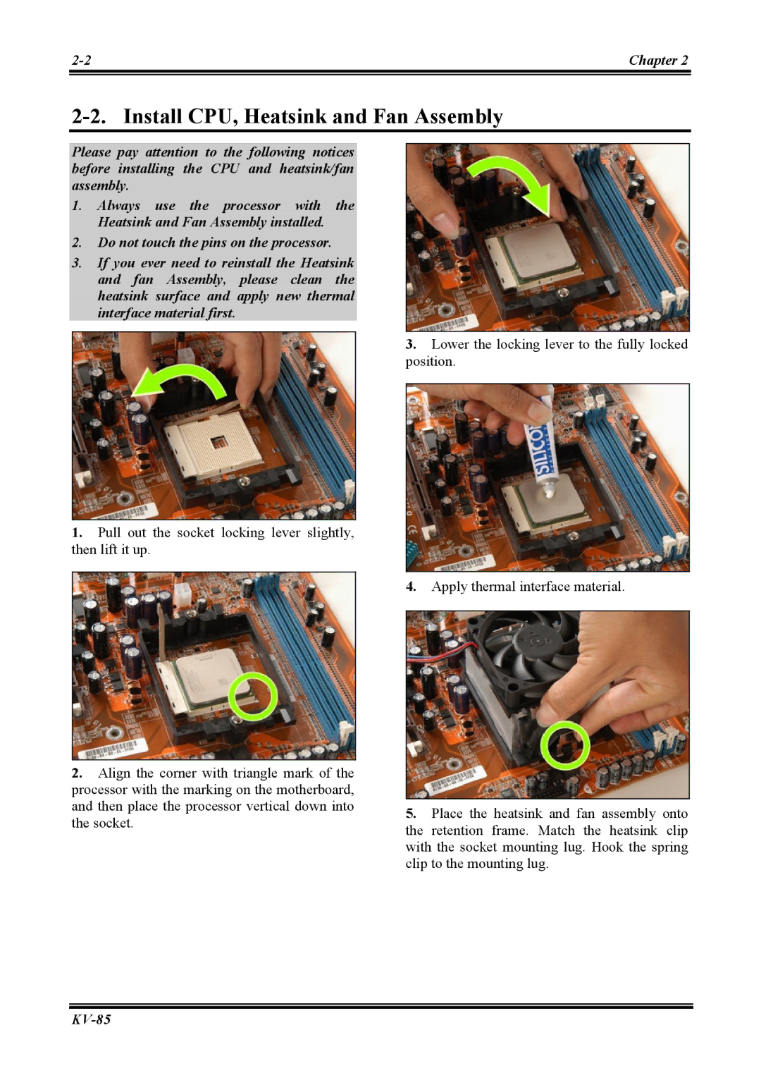 Abit KV-85 user manual Install CPU, Heatsink and Fan Assembly 