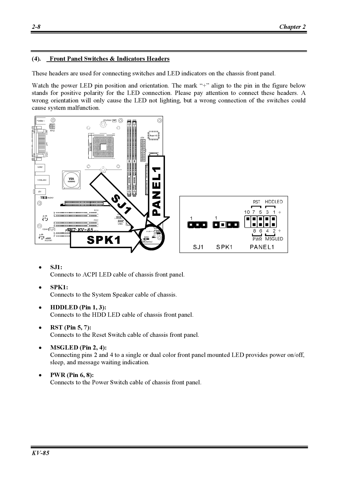 Abit KV-85 Front Panel Switches & Indicators Headers, SJ1, SPK1, Hddled Pin 1, RST Pin 5, Msgled Pin 2, PWR Pin 6 