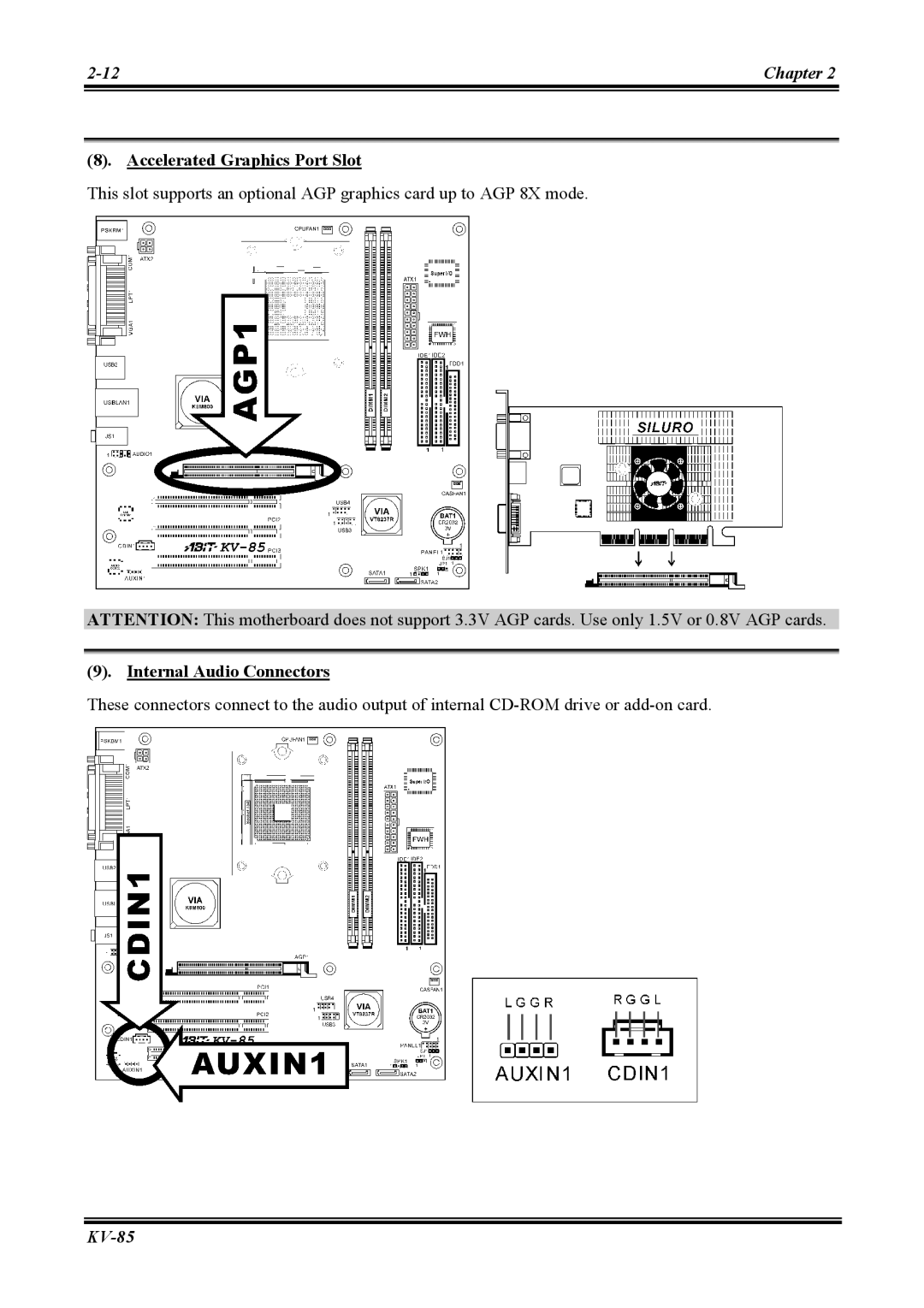 Abit KV-85 user manual Accelerated Graphics Port Slot, Internal Audio Connectors 