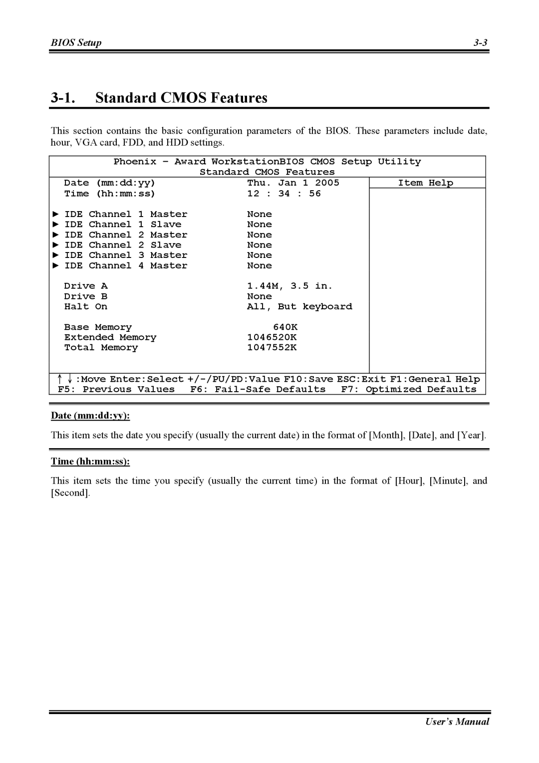 Abit KV-85 user manual Standard Cmos Features, Date mmddyy, Time hhmmss 