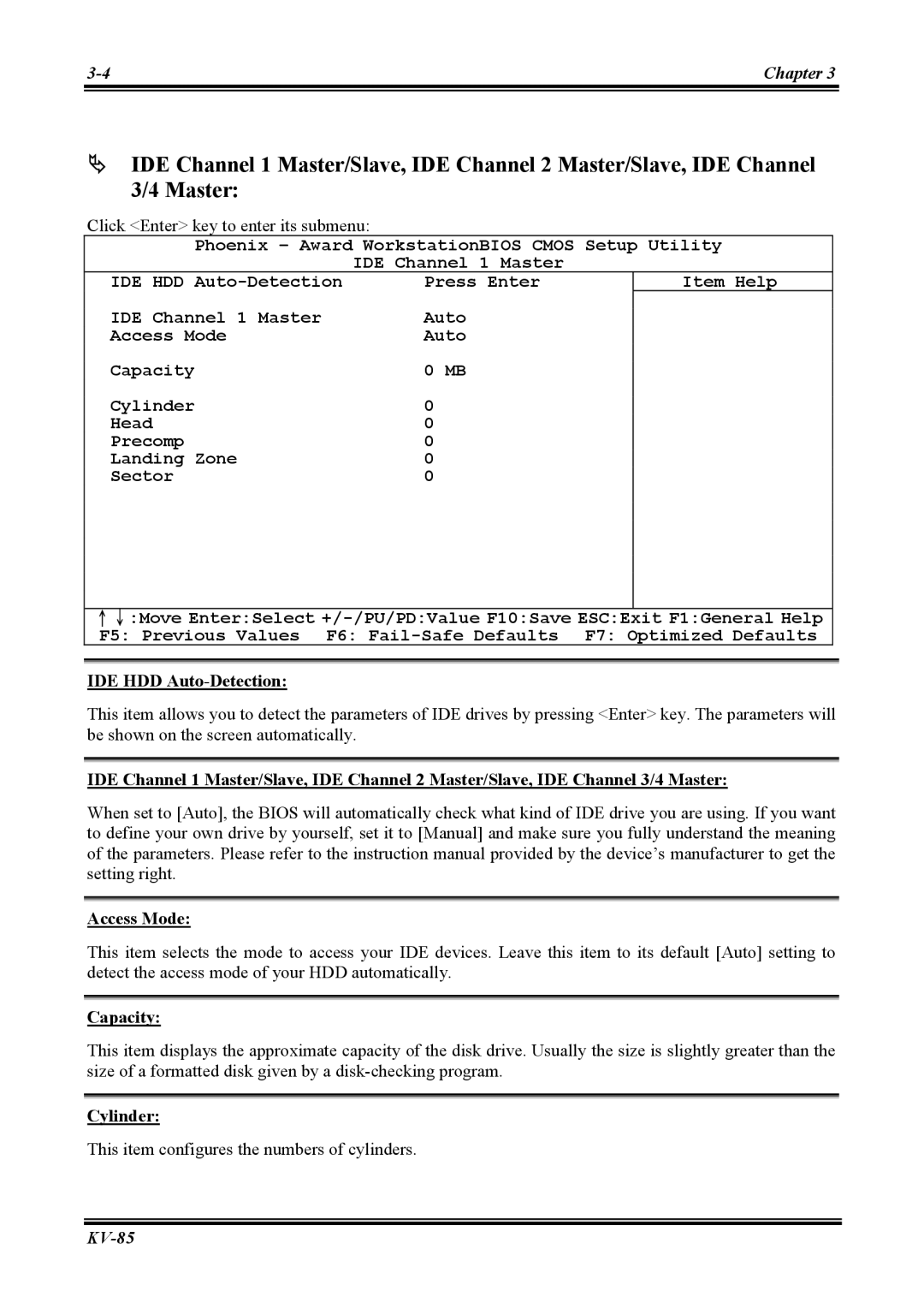 Abit KV-85 user manual IDE HDD Auto-Detection, Capacity, Cylinder 