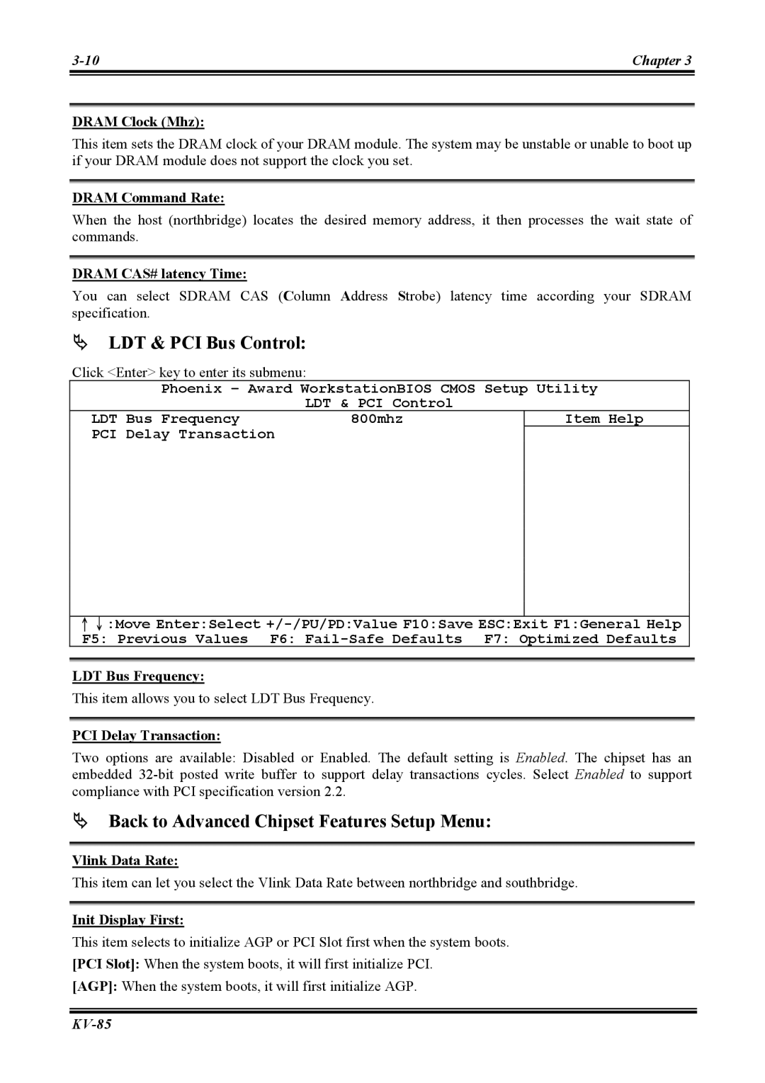 Abit KV-85 user manual # LDT & PCI Bus Control, # Back to Advanced Chipset Features Setup Menu 